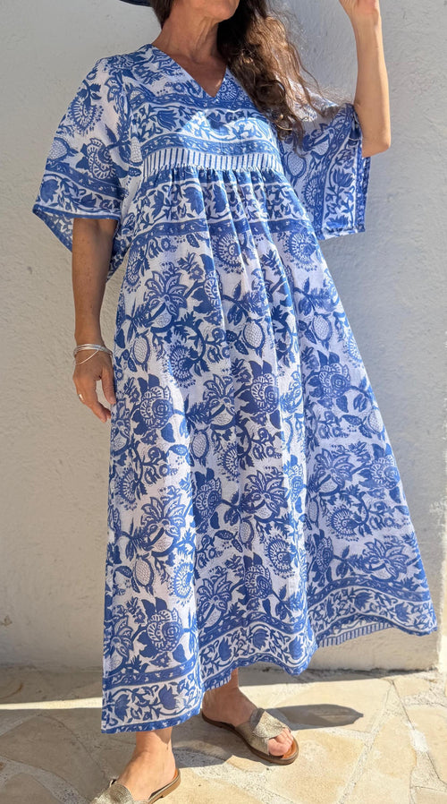 Oversized Cotton Dress – Navy Blue Floral Pareo Dress, Loose Boho Beach Dress, Soft Cotton Summer Outfit for Women
