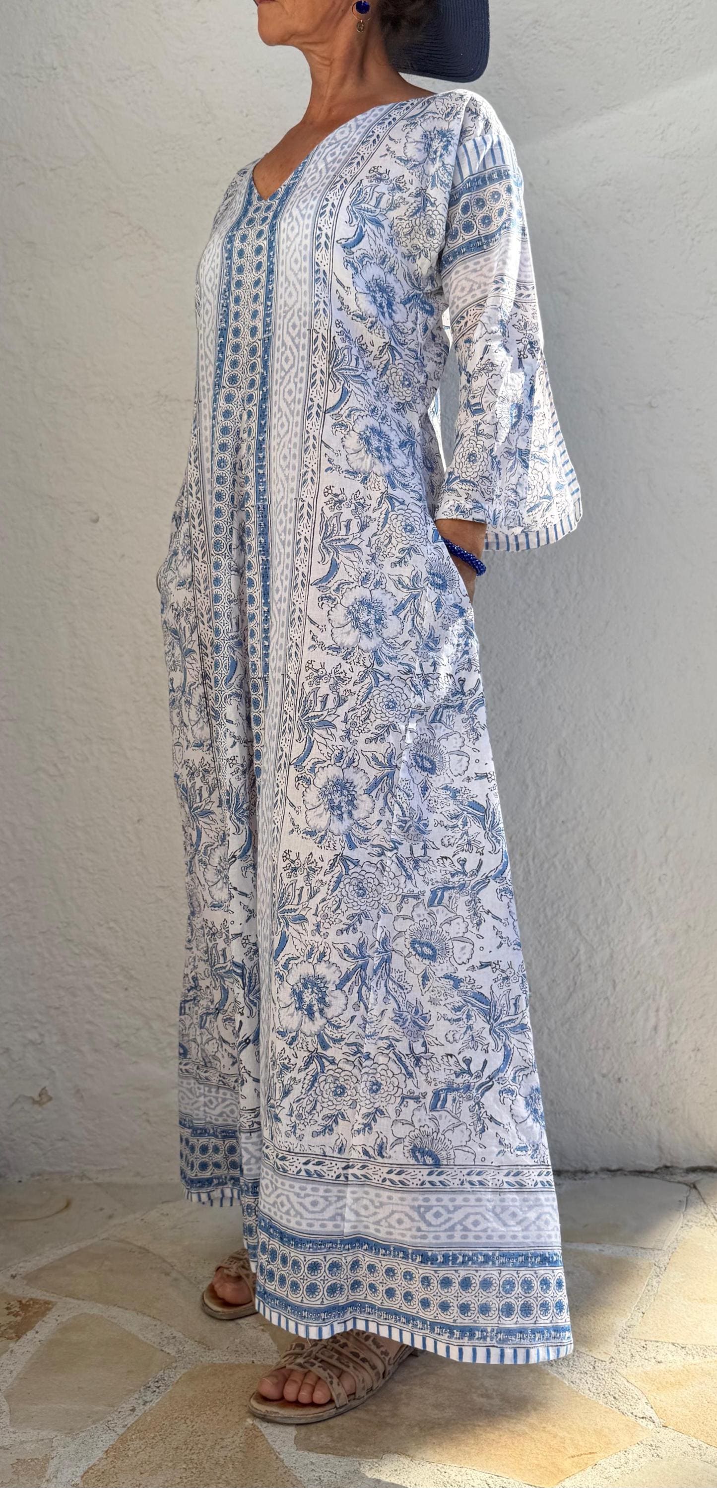 Long Soft Cotton Kaftan – Light Blue Floral Beach Cover Up, Flowy Boho Summer Dress, Breathable Cotton Resort Wear, Handmade Fashion
