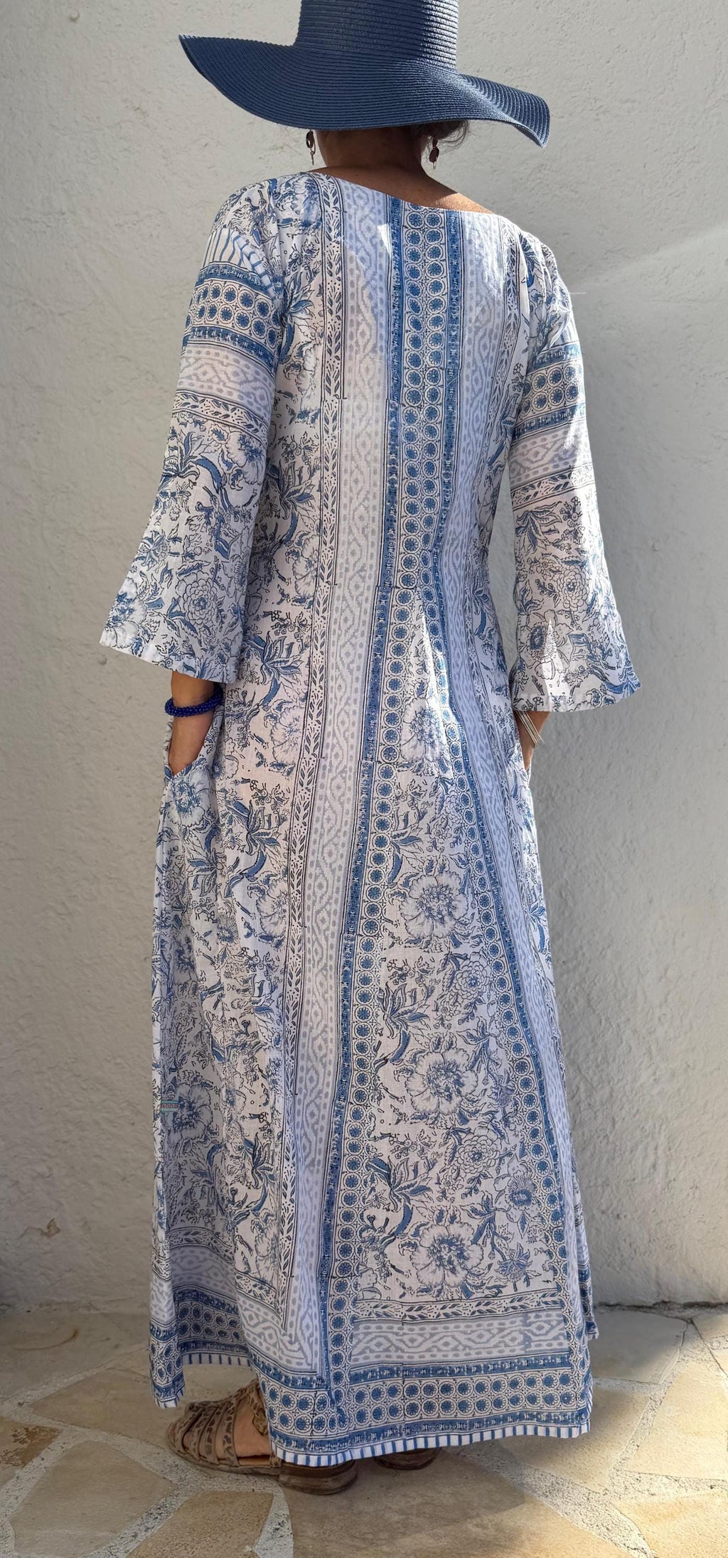 Long Soft Cotton Kaftan – Light Blue Floral Beach Cover Up, Flowy Boho Summer Dress, Breathable Cotton Resort Wear, Handmade Fashion
