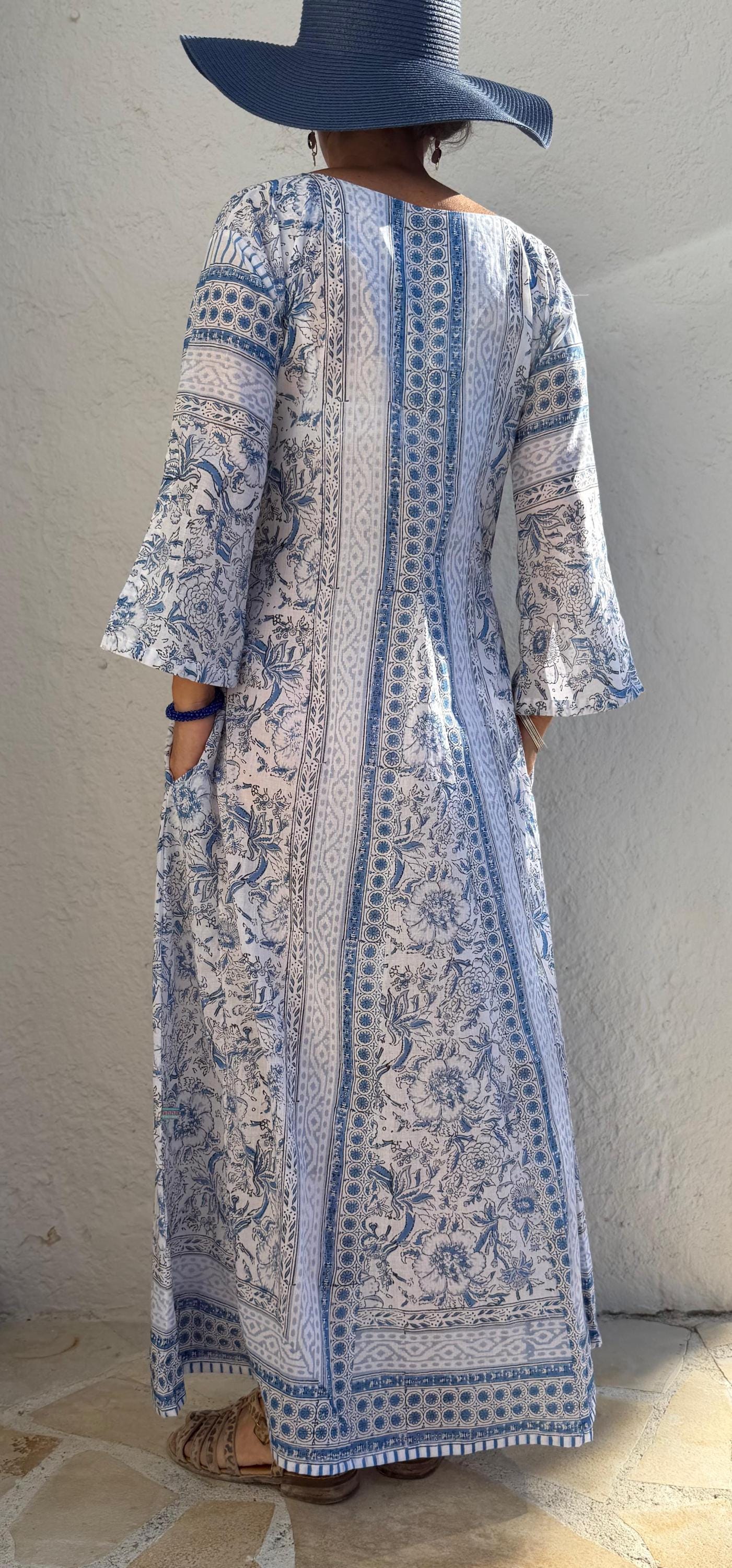 Long Soft Cotton Kaftan – Light Blue Floral Beach Cover Up, Flowy Boho Summer Dress, Breathable Cotton Resort Wear, Handmade Fashion
