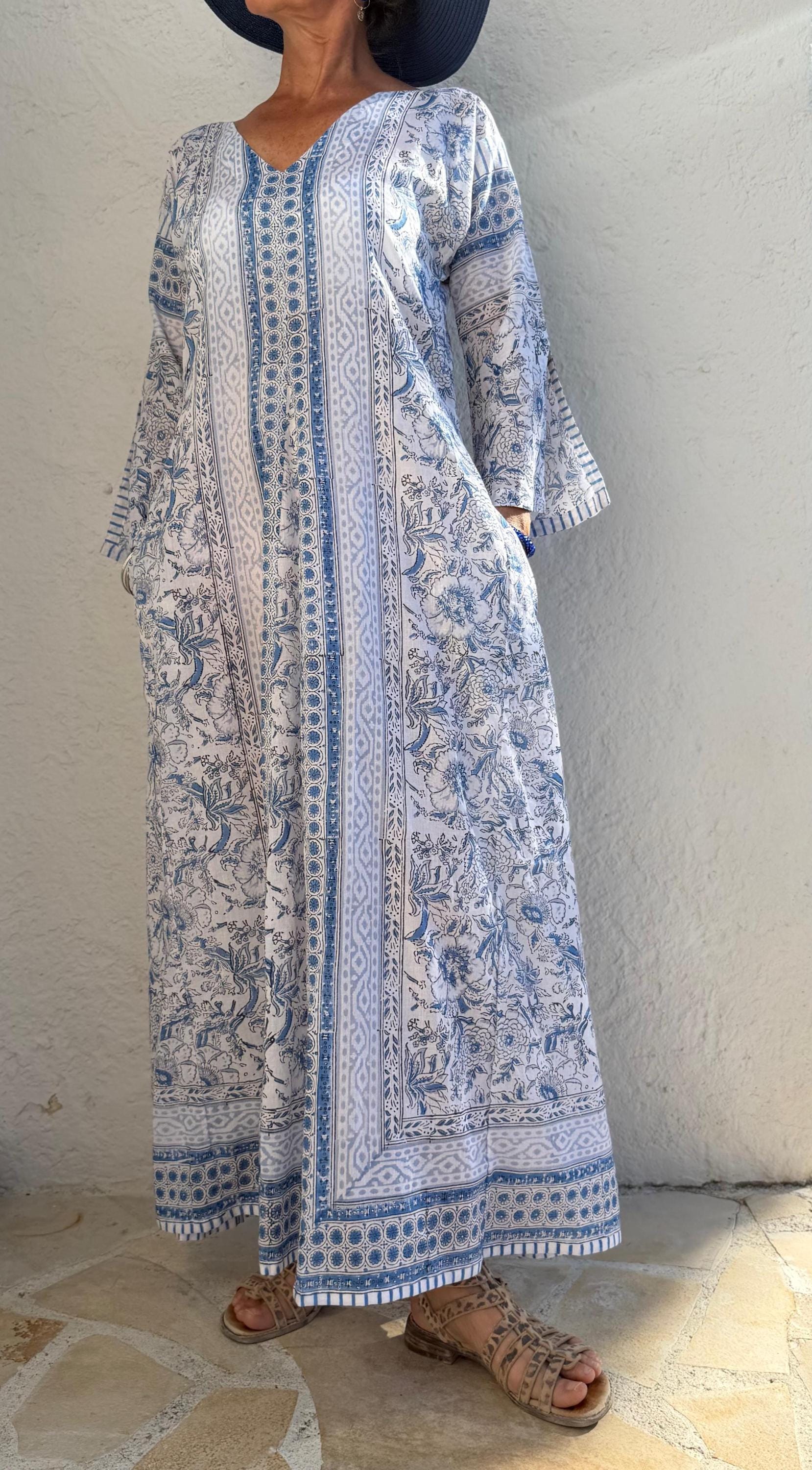 Long Soft Cotton Kaftan – Light Blue Floral Beach Cover Up, Flowy Boho Summer Dress, Breathable Cotton Resort Wear, Handmade Fashion