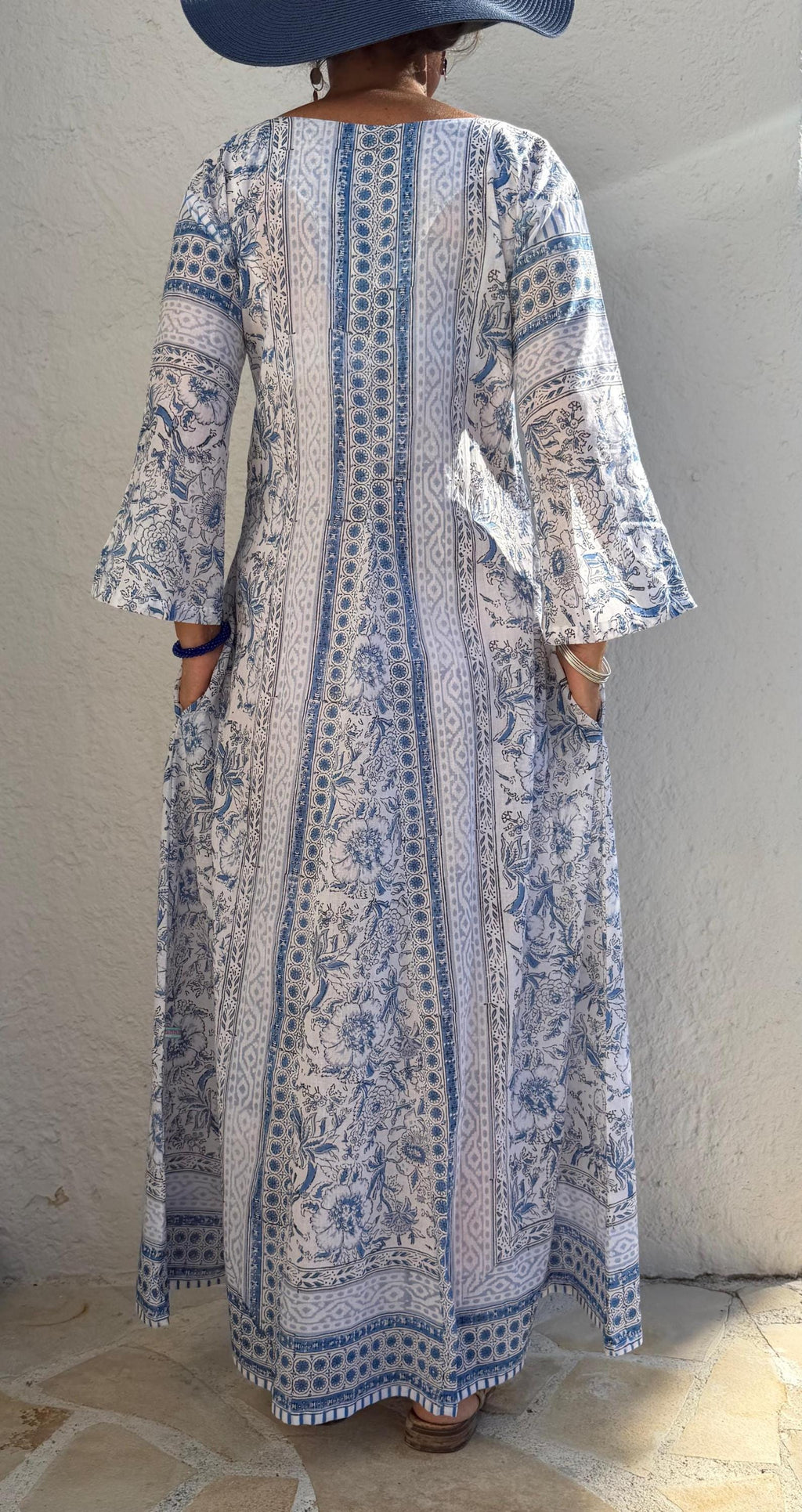 Long Soft Cotton Kaftan – Light Blue Floral Beach Cover Up, Flowy Boho Summer Dress, Breathable Cotton Resort Wear, Handmade Fashion