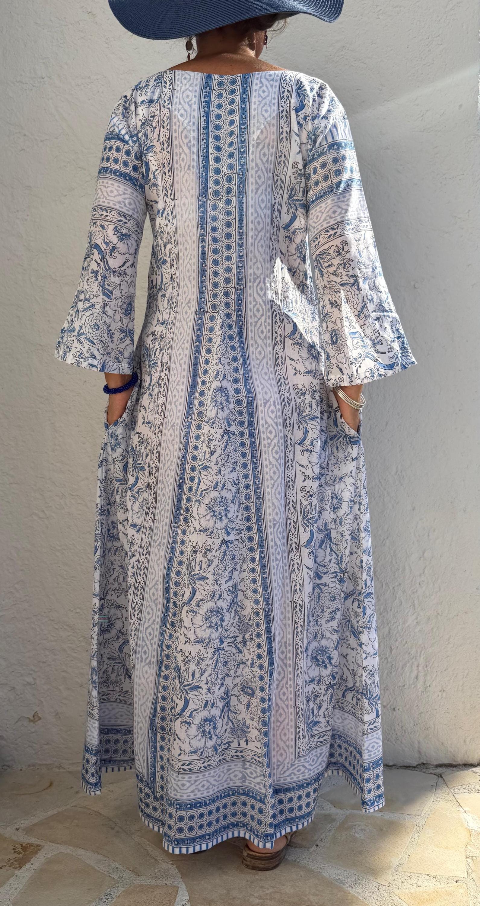 Long Soft Cotton Kaftan – Light Blue Floral Beach Cover Up, Flowy Boho Summer Dress, Breathable Cotton Resort Wear, Handmade Fashion