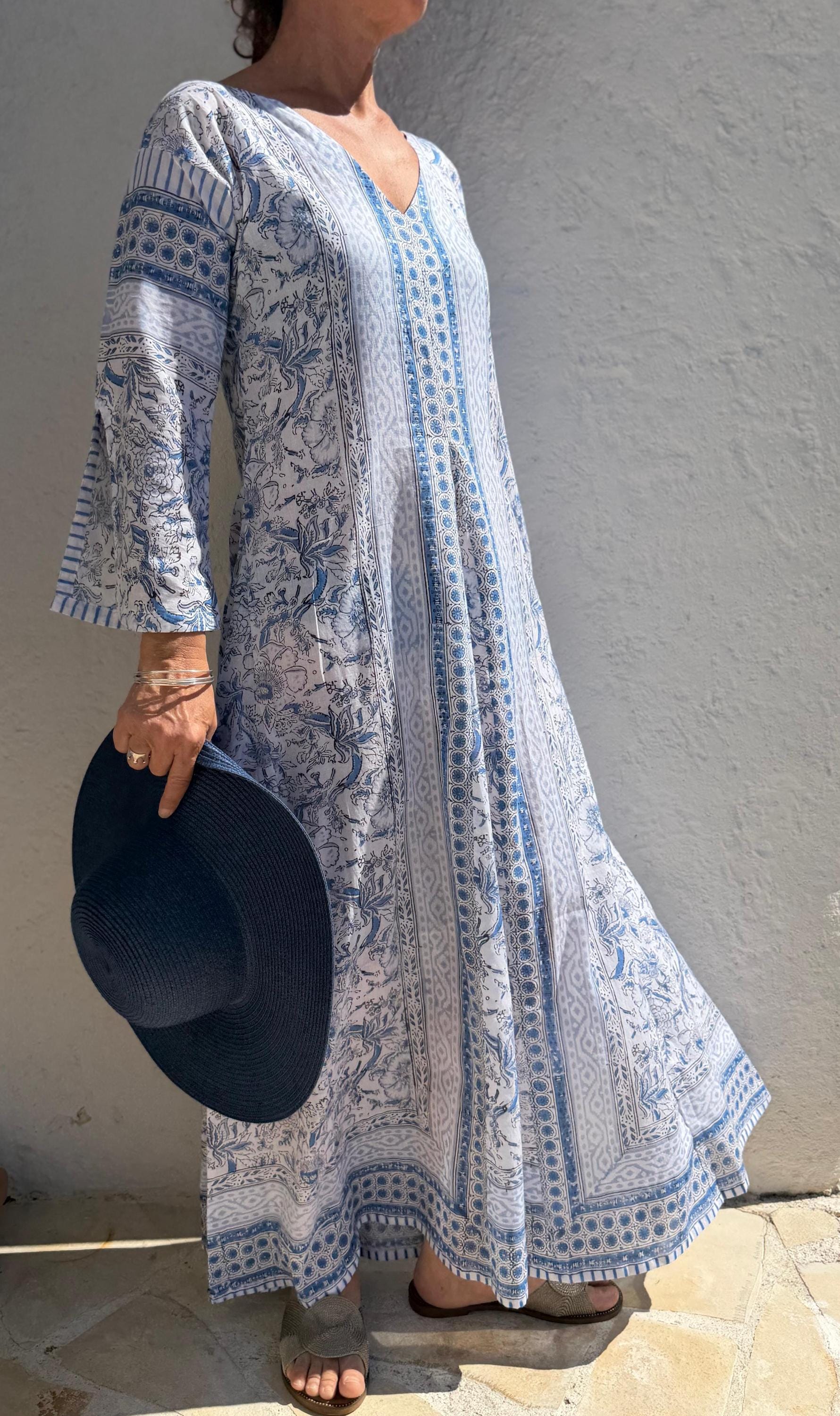 Long Soft Cotton Kaftan – Light Blue Floral Beach Cover Up, Flowy Boho Summer Dress, Breathable Cotton Resort Wear, Handmade Fashion
