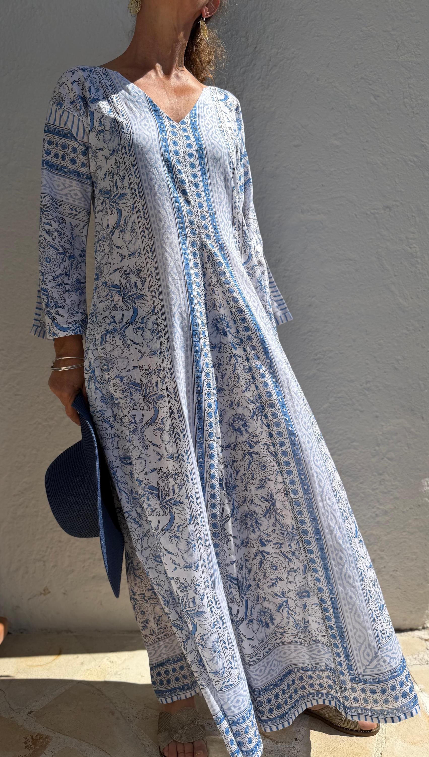 Long Soft Cotton Kaftan – Light Blue Floral Beach Cover Up, Flowy Boho Summer Dress, Breathable Cotton Resort Wear, Handmade Fashion