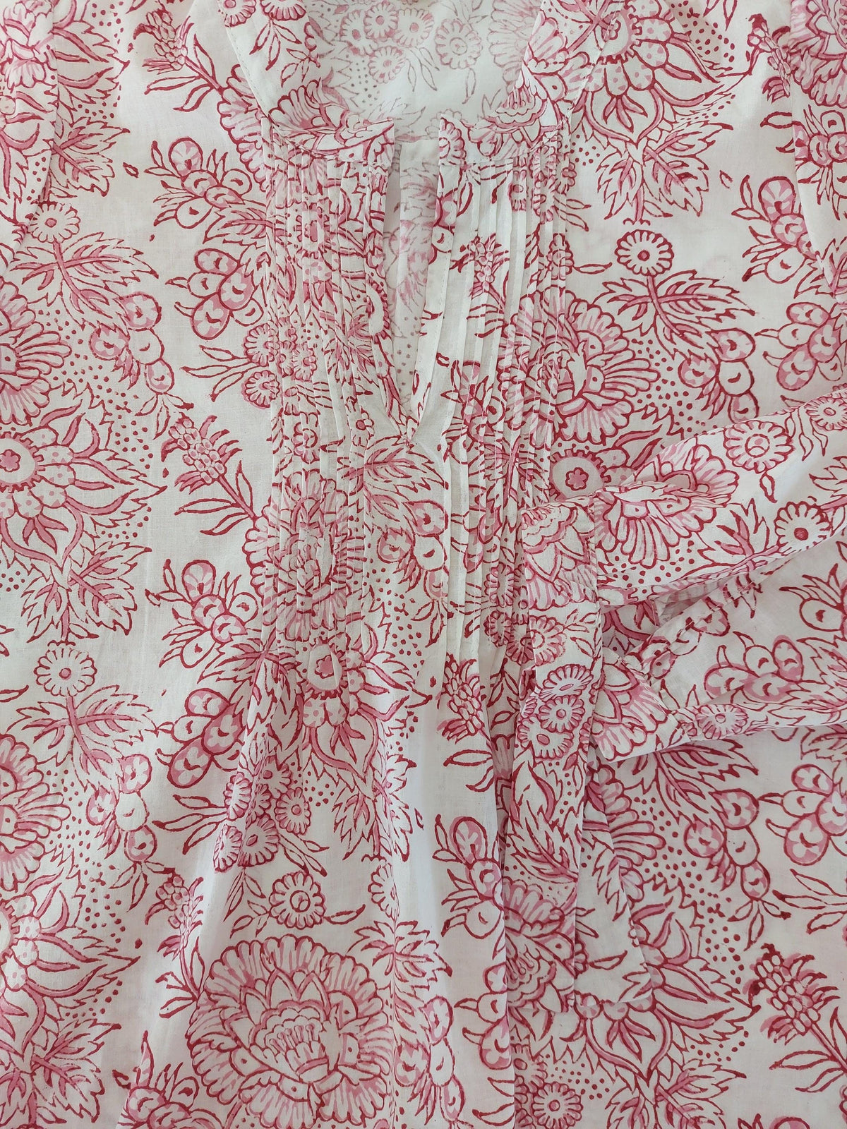 White & Pink Floral Cotton Blouse – Soft Cotton Shirt, Pleated Front Top, Mao Collar Blouse, Boho Chic Everyday Wear