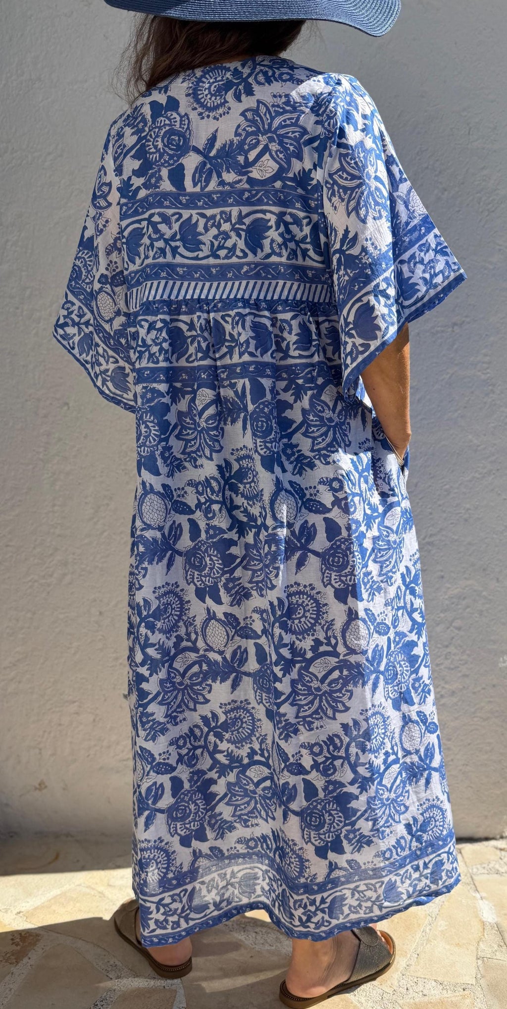 Oversized Cotton Dress – Navy Blue Floral Pareo Dress, Loose Boho Beach Dress, Soft Cotton Summer Outfit for Women