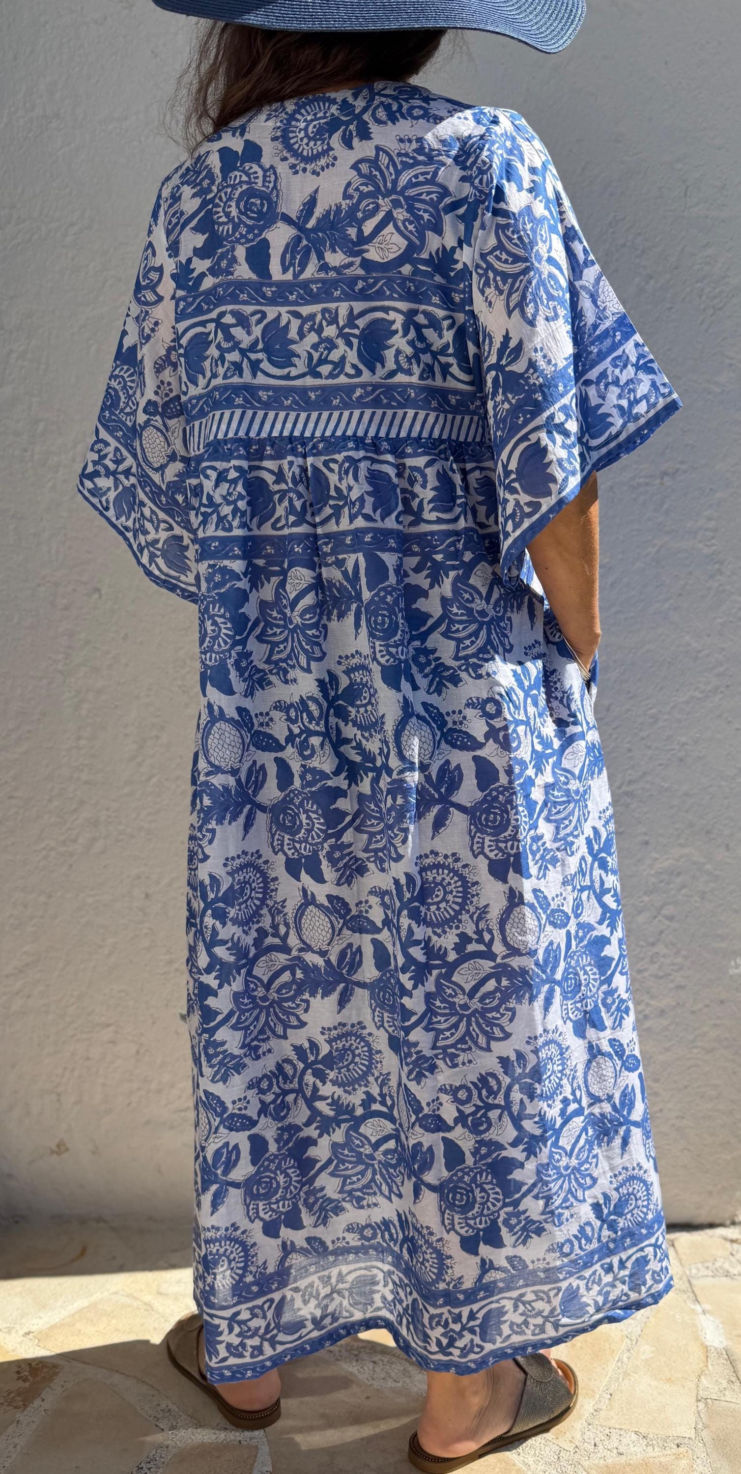 Oversized Cotton Dress – Navy Blue Floral Pareo Dress, Loose Boho Beach Dress, Soft Cotton Summer Outfit for Women