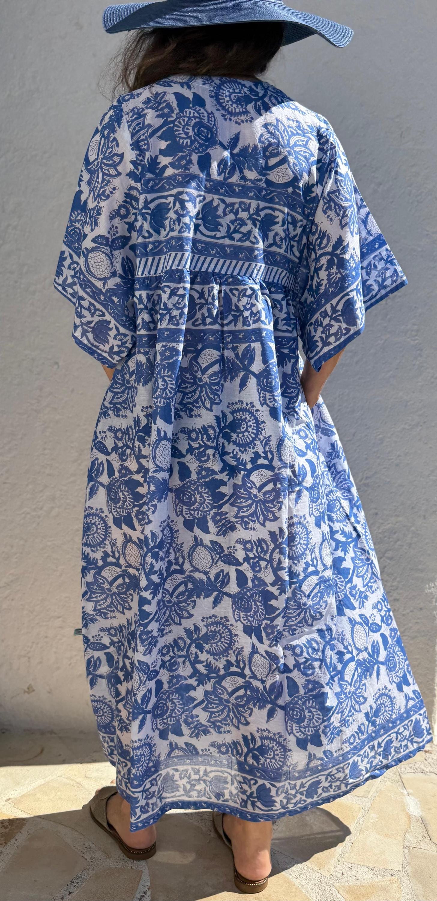 Oversized Cotton Dress – Navy Blue Floral Pareo Dress, Loose Boho Beach Dress, Soft Cotton Summer Outfit for Women