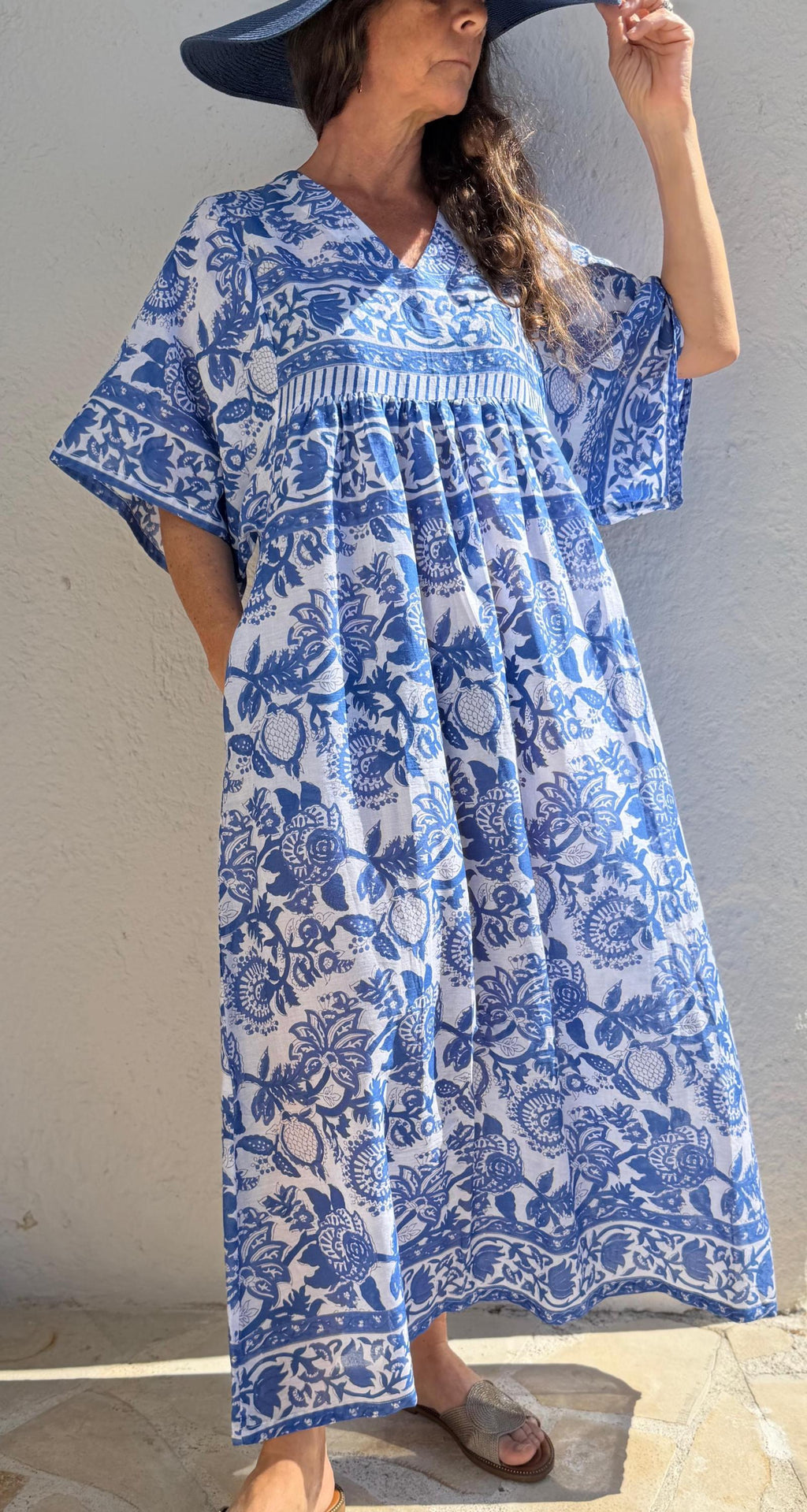 Oversized Cotton Dress – Navy Blue Floral Pareo Dress, Loose Boho Beach Dress, Soft Cotton Summer Outfit for Women