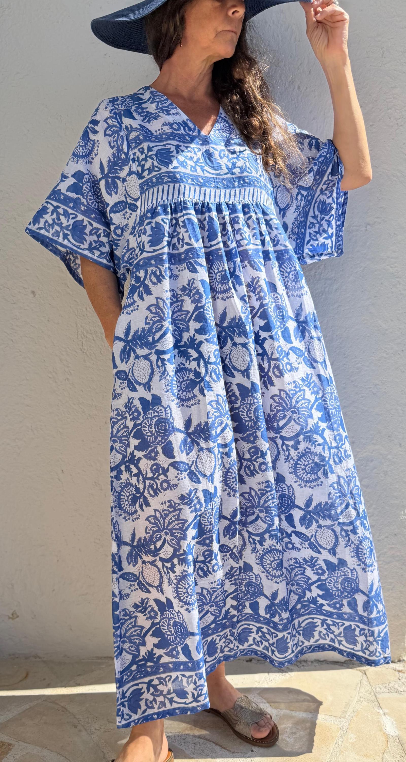 Oversized Cotton Dress – Navy Blue Floral Pareo Dress, Loose Boho Beach Dress, Soft Cotton Summer Outfit for Women