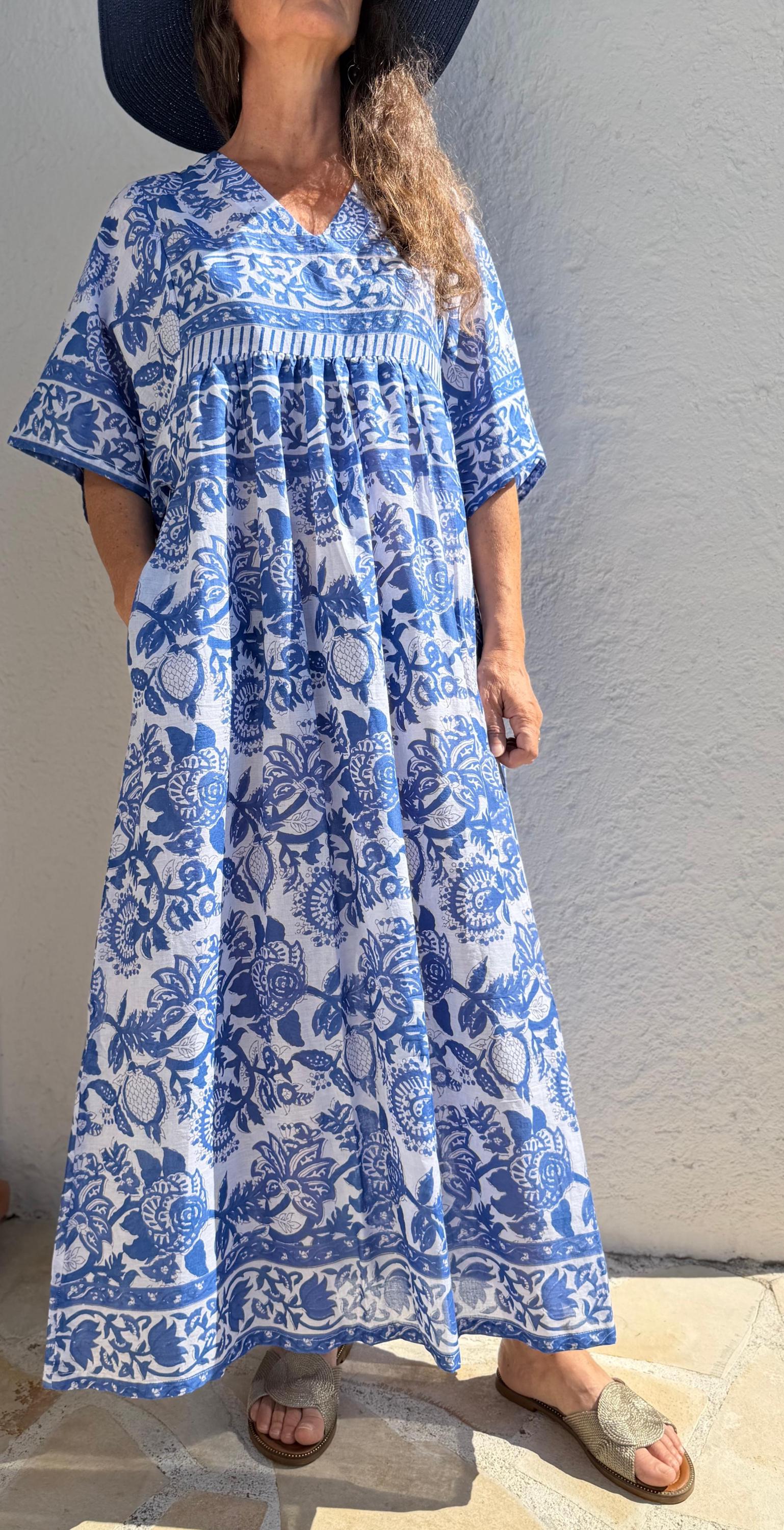 Oversized Cotton Dress – Navy Blue Floral Pareo Dress, Loose Boho Beach Dress, Soft Cotton Summer Outfit for Women