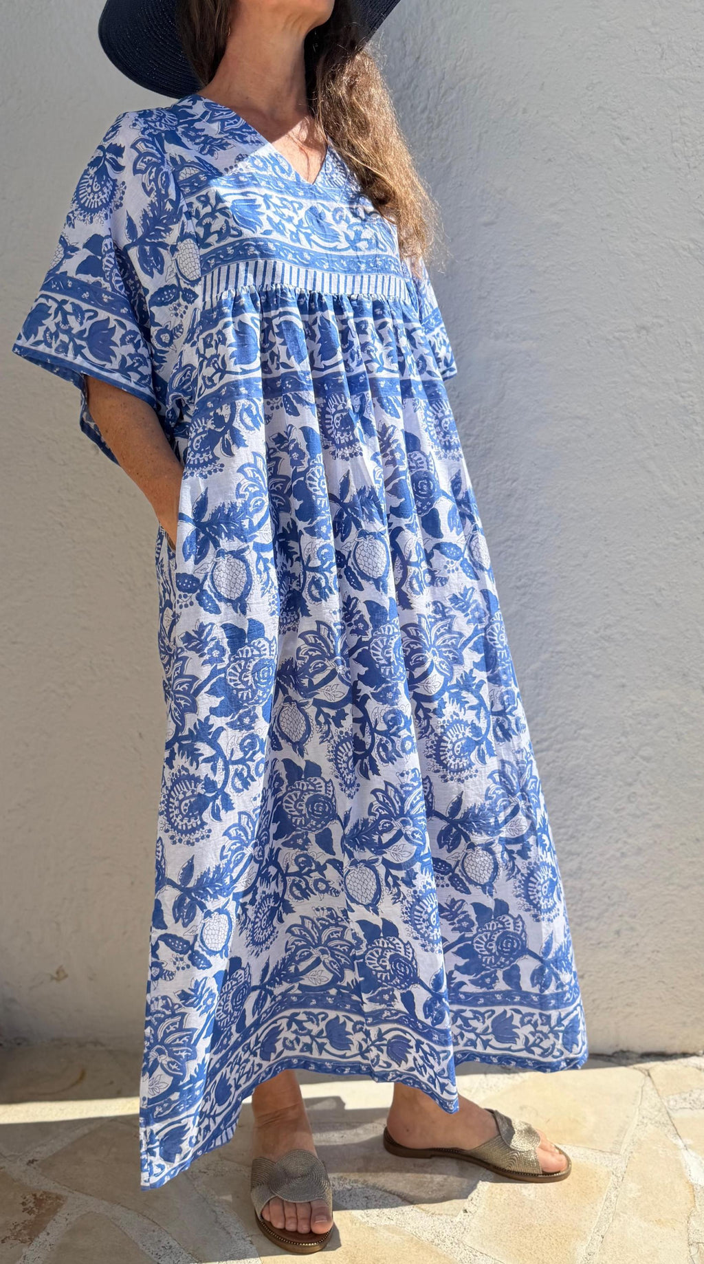 Oversized Cotton Dress – Navy Blue Floral Pareo Dress, Loose Boho Beach Dress, Soft Cotton Summer Outfit for Women