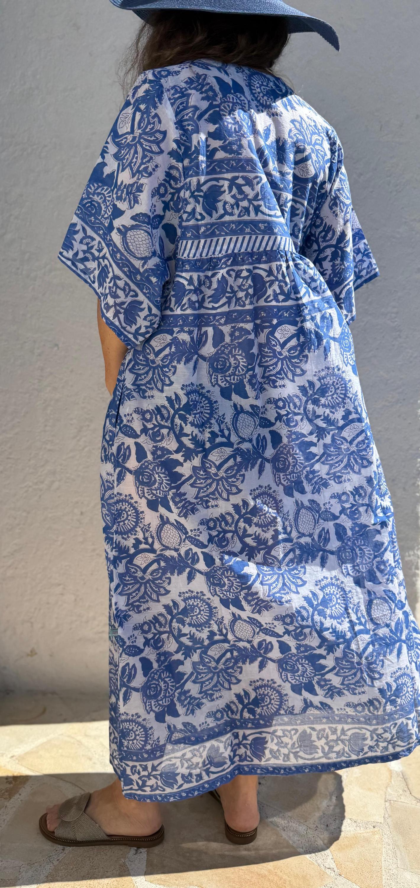 Oversized Cotton Dress – Navy Blue Floral Pareo Dress, Loose Boho Beach Dress, Soft Cotton Summer Outfit for Women