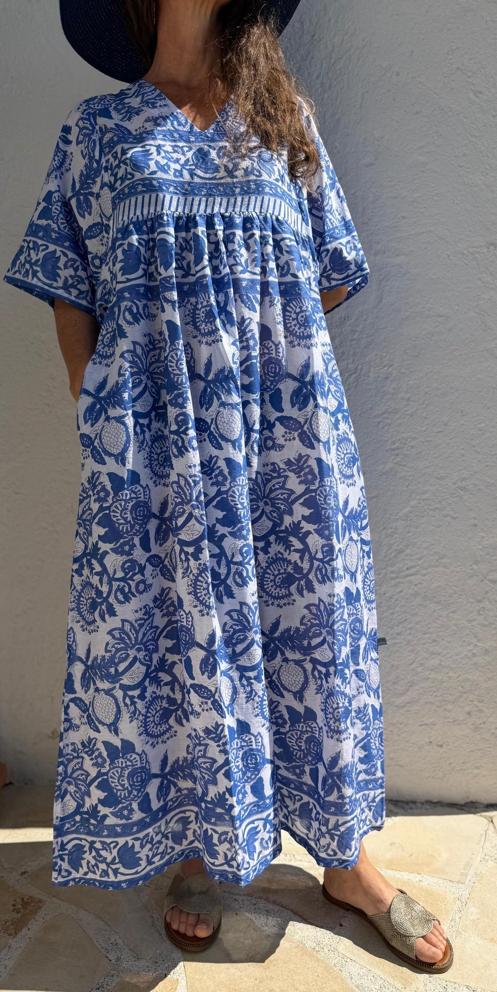 Oversized Cotton Dress – Navy Blue Floral Pareo Dress, Loose Boho Beach Dress, Soft Cotton Summer Outfit for Women
