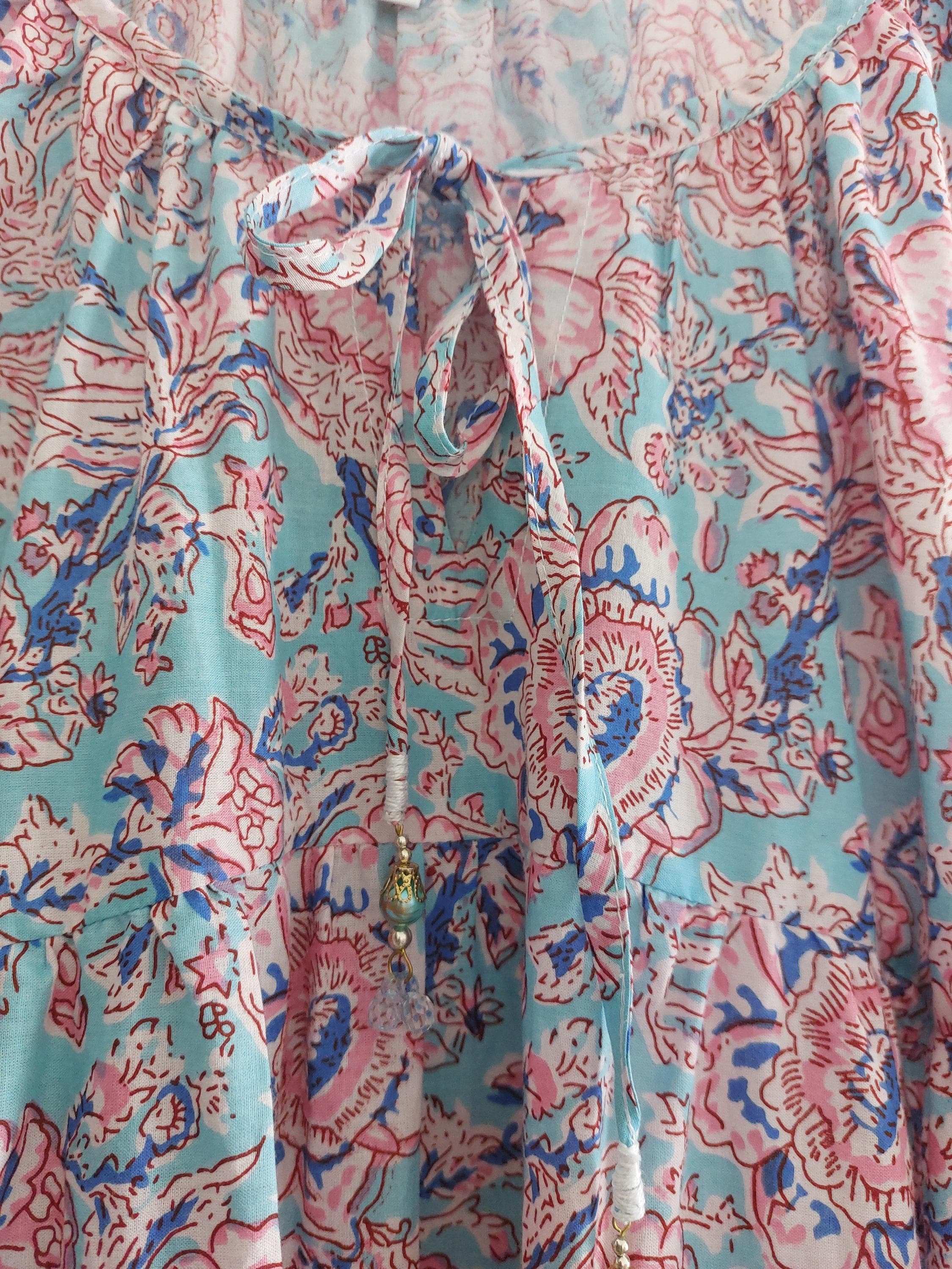Long Soft Cotton Dress – Turquoise & Pastel Floral Boho Chic Maxi Dress,Flowy Summer Dress, Elegant Cotton Resort Wear, Holiday Dress