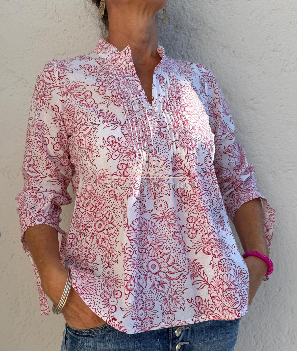 White & Pink Floral Cotton Blouse – Soft Cotton Shirt, Pleated Front Top, Mao Collar Blouse, Boho Chic Everyday Wear