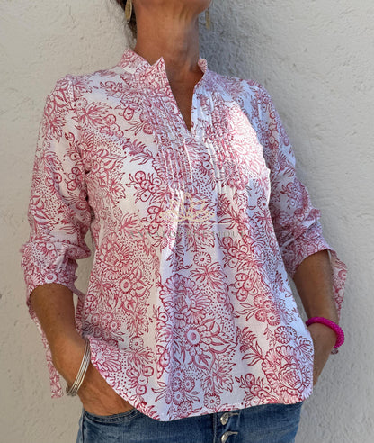 White & Pink Floral Cotton Blouse – Soft Cotton Shirt, Pleated Front Top, Mao Collar Blouse, Boho Chic Everyday Wear