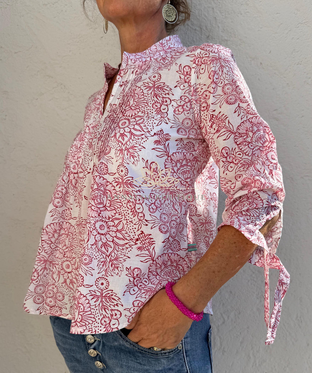 White & Pink Floral Cotton Blouse – Soft Cotton Shirt, Pleated Front Top, Mao Collar Blouse, Boho Chic Everyday Wear