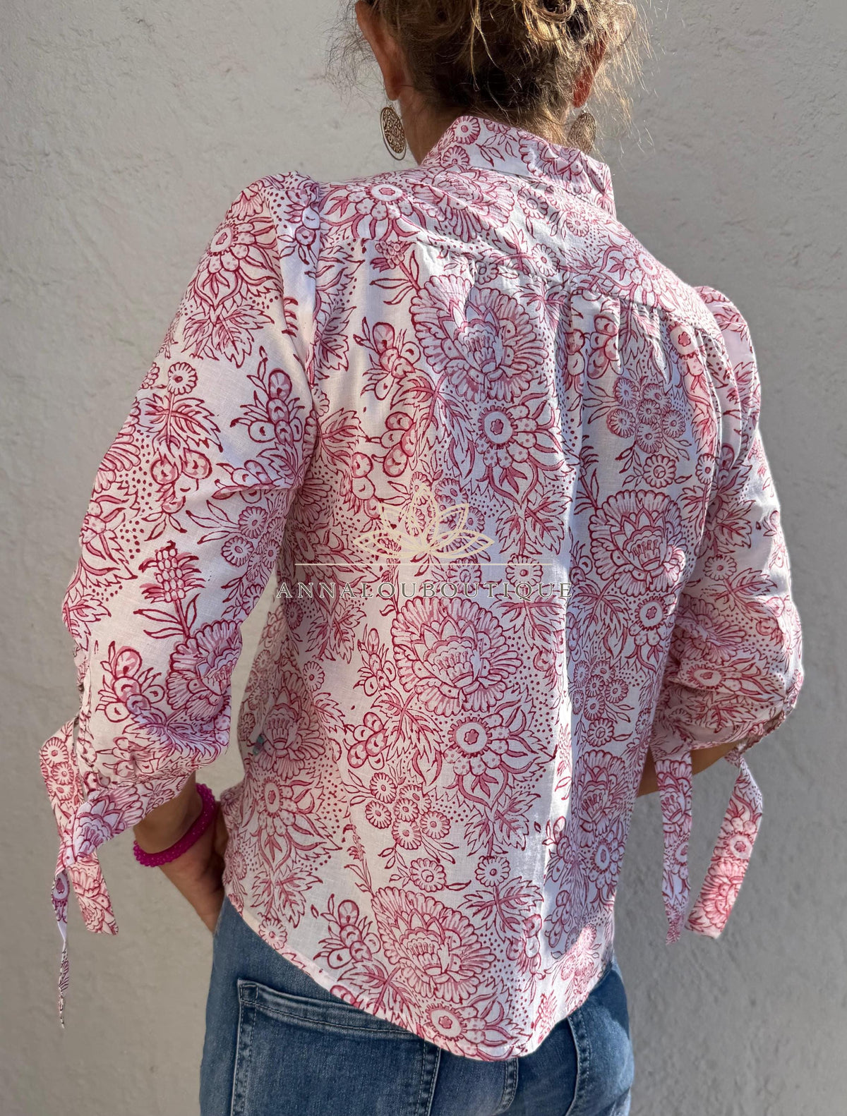 White & Pink Floral Cotton Blouse – Soft Cotton Shirt, Pleated Front Top, Mao Collar Blouse, Boho Chic Everyday Wear