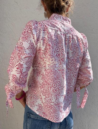 White & Pink Floral Cotton Blouse – Soft Cotton Shirt, Pleated Front Top, Mao Collar Blouse, Boho Chic Everyday Wear