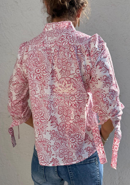 White & Pink Floral Cotton Blouse – Soft Cotton Shirt, Pleated Front Top, Mao Collar Blouse, Boho Chic Everyday Wear