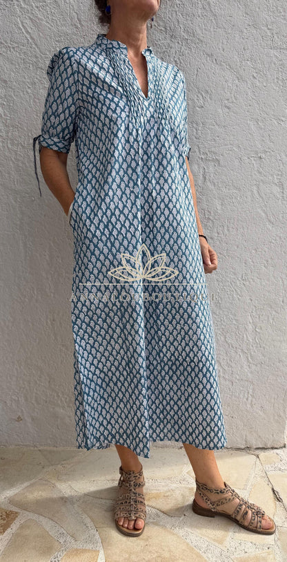 pleat long dress in cotton hand block printed, bluegreycolor,paisley pattern,short balloon sleeves,casual summer dress with pockets