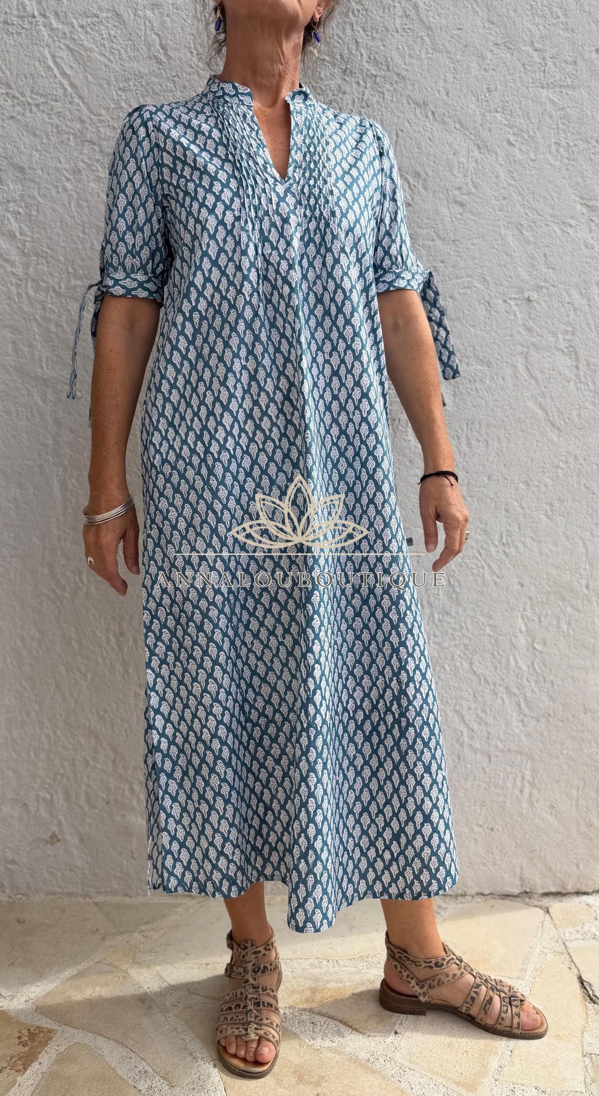 pleat long dress in cotton hand block printed, bluegreycolor,paisley pattern,short balloon sleeves,casual summer dress with pockets