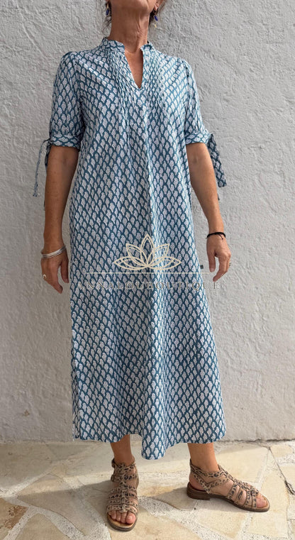 pleat long dress in cotton hand block printed, bluegreycolor,paisley pattern,short balloon sleeves,casual summer dress with pockets