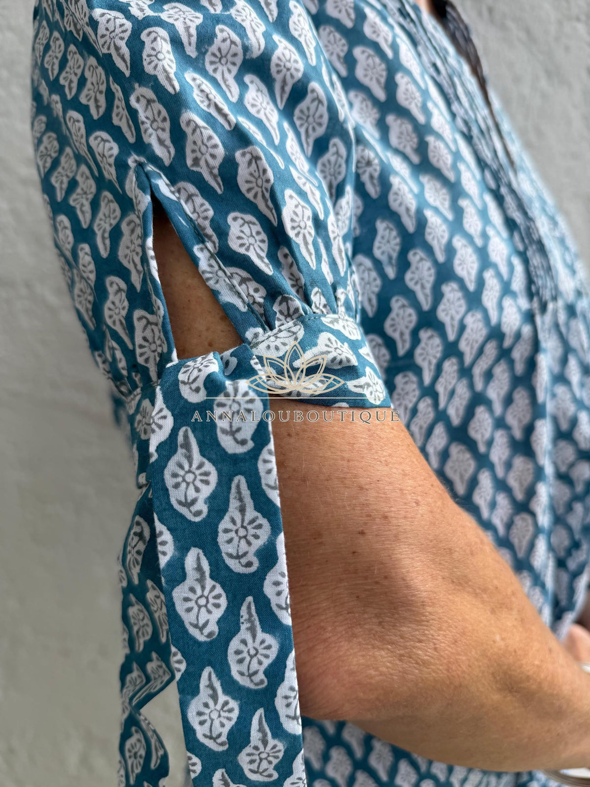 pleat long dress in cotton hand block printed, bluegreycolor,paisley pattern,short balloon sleeves,casual summer dress with pockets