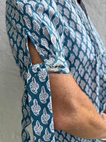 pleat long dress in cotton hand block printed, bluegreycolor,paisley pattern,short balloon sleeves,casual summer dress with pockets