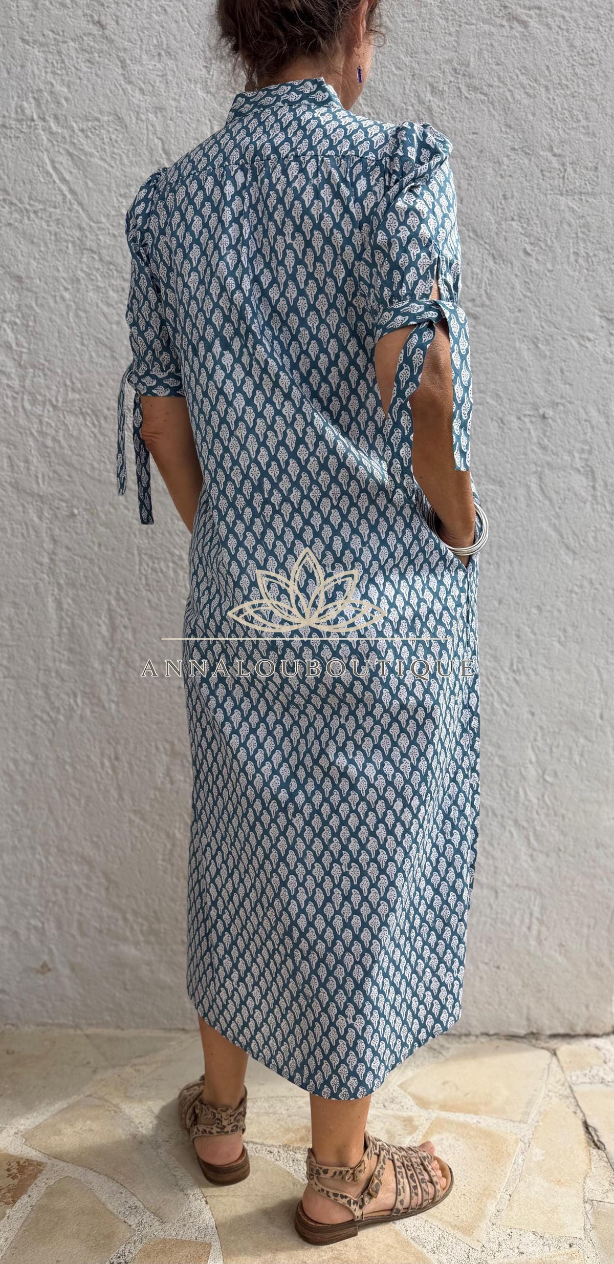 pleat long dress in cotton hand block printed, bluegreycolor,paisley pattern,short balloon sleeves,casual summer dress with pockets