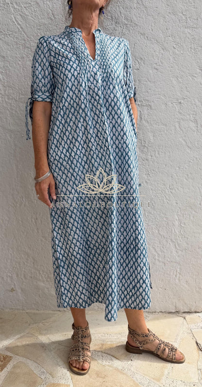 pleat long dress in cotton hand block printed, bluegreycolor,paisley pattern,short balloon sleeves,casual summer dress with pockets