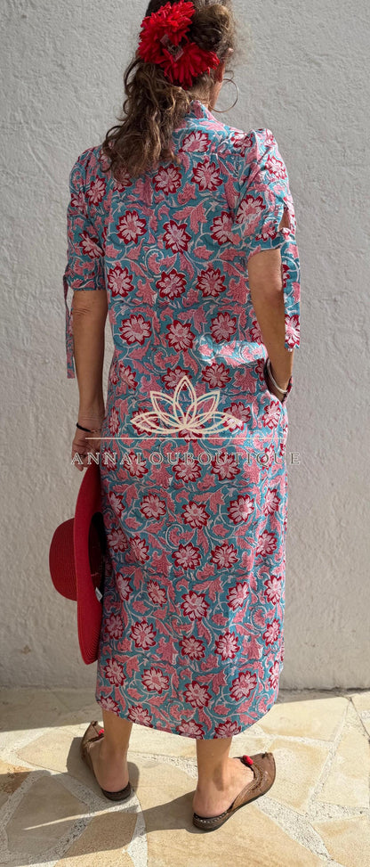 pleat long dress in hand block printed cotton,floral pattern in the shades of pink,red and blue,casual summer outfit