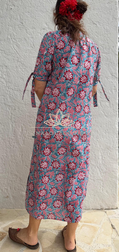 pleat long dress in hand block printed cotton,floral pattern in the shades of pink,red and blue,casual summer outfit