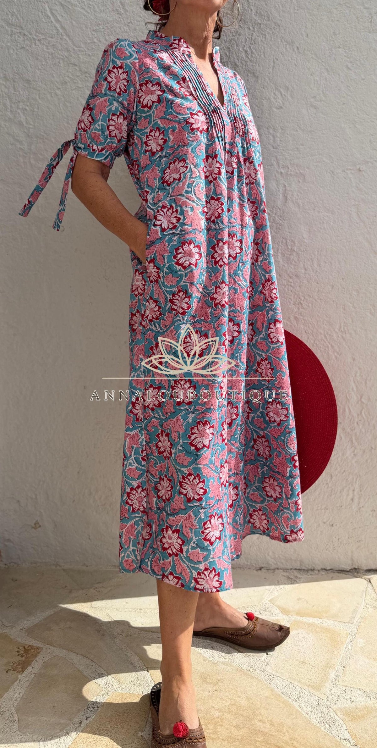 pleat long dress in hand block printed cotton,floral pattern in the shades of pink,red and blue,casual summer outfit