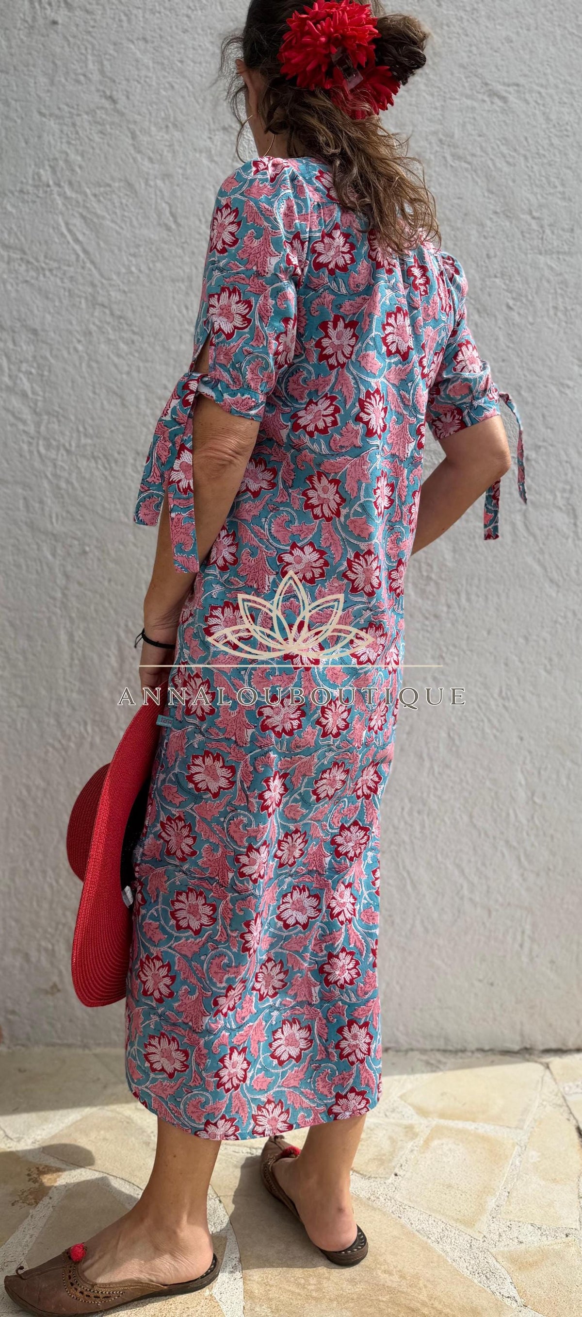 pleat long dress in hand block printed cotton,floral pattern in the shades of pink,red and blue,casual summer outfit