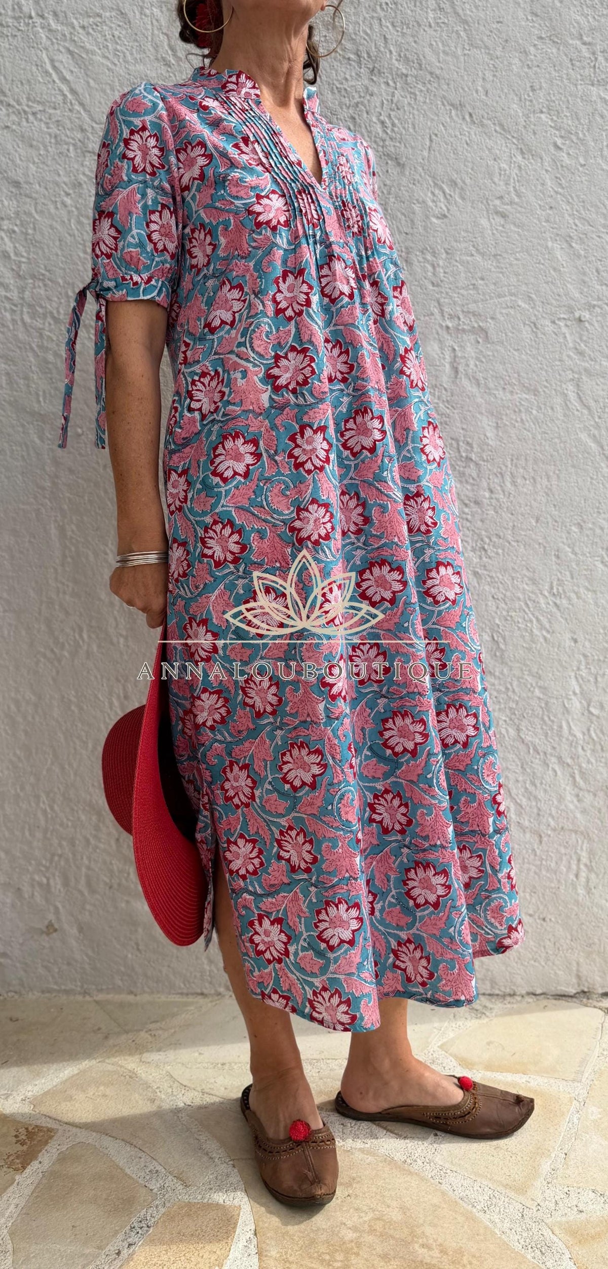 pleat long dress in hand block printed cotton,floral pattern in the shades of pink,red and blue,casual summer outfit