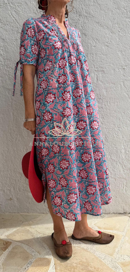 pleat long dress in hand block printed cotton,floral pattern in the shades of pink,red and blue,casual summer outfit