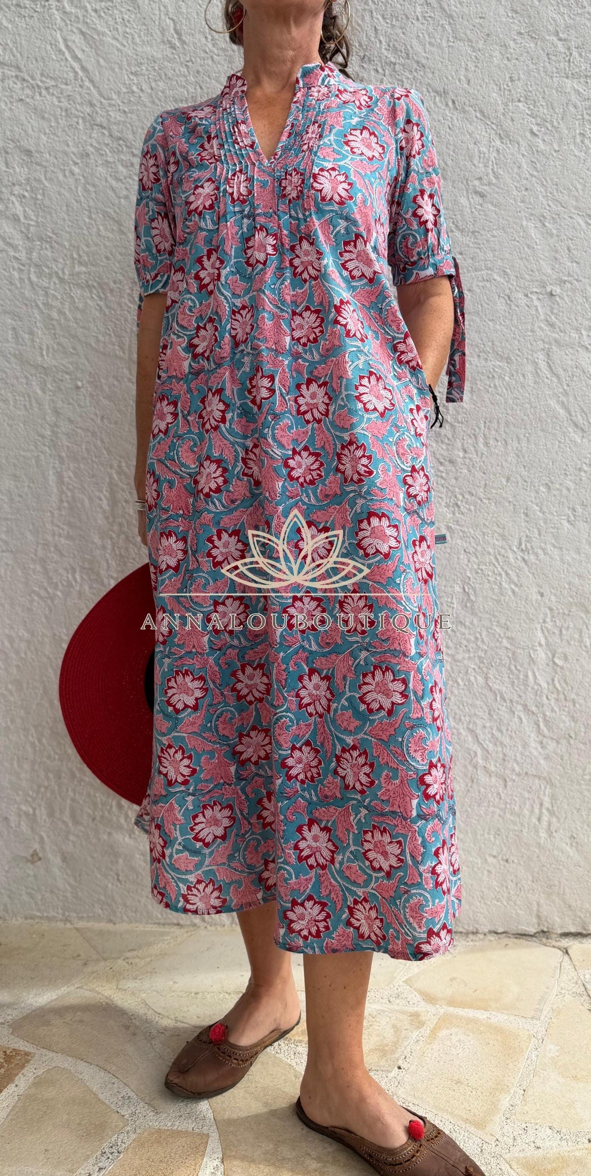 pleat long dress in hand block printed cotton,floral pattern in the shades of pink,red and blue,casual summer outfit