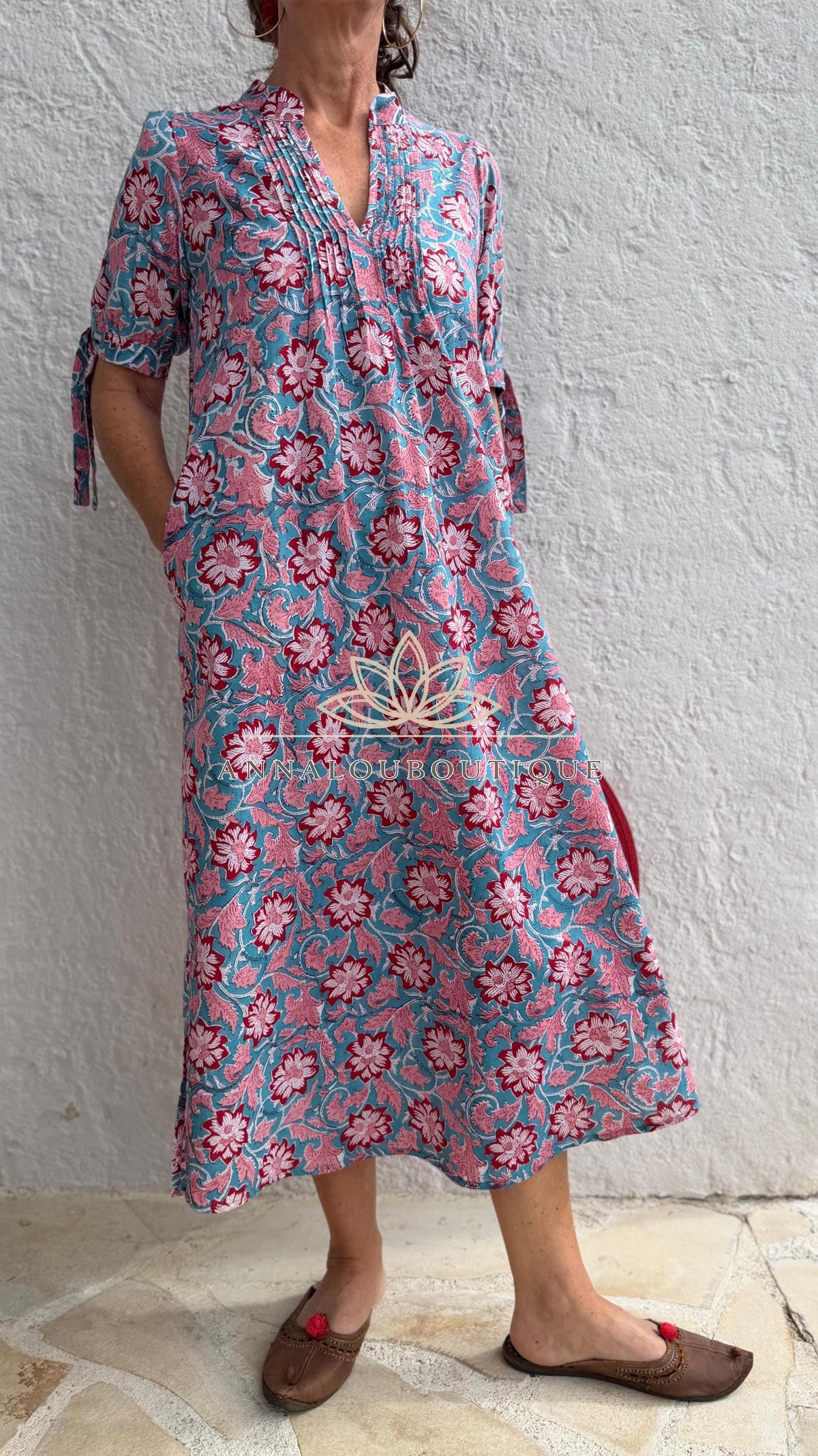 pleat long dress in hand block printed cotton,floral pattern in the shades of pink,red and blue,casual summer outfit