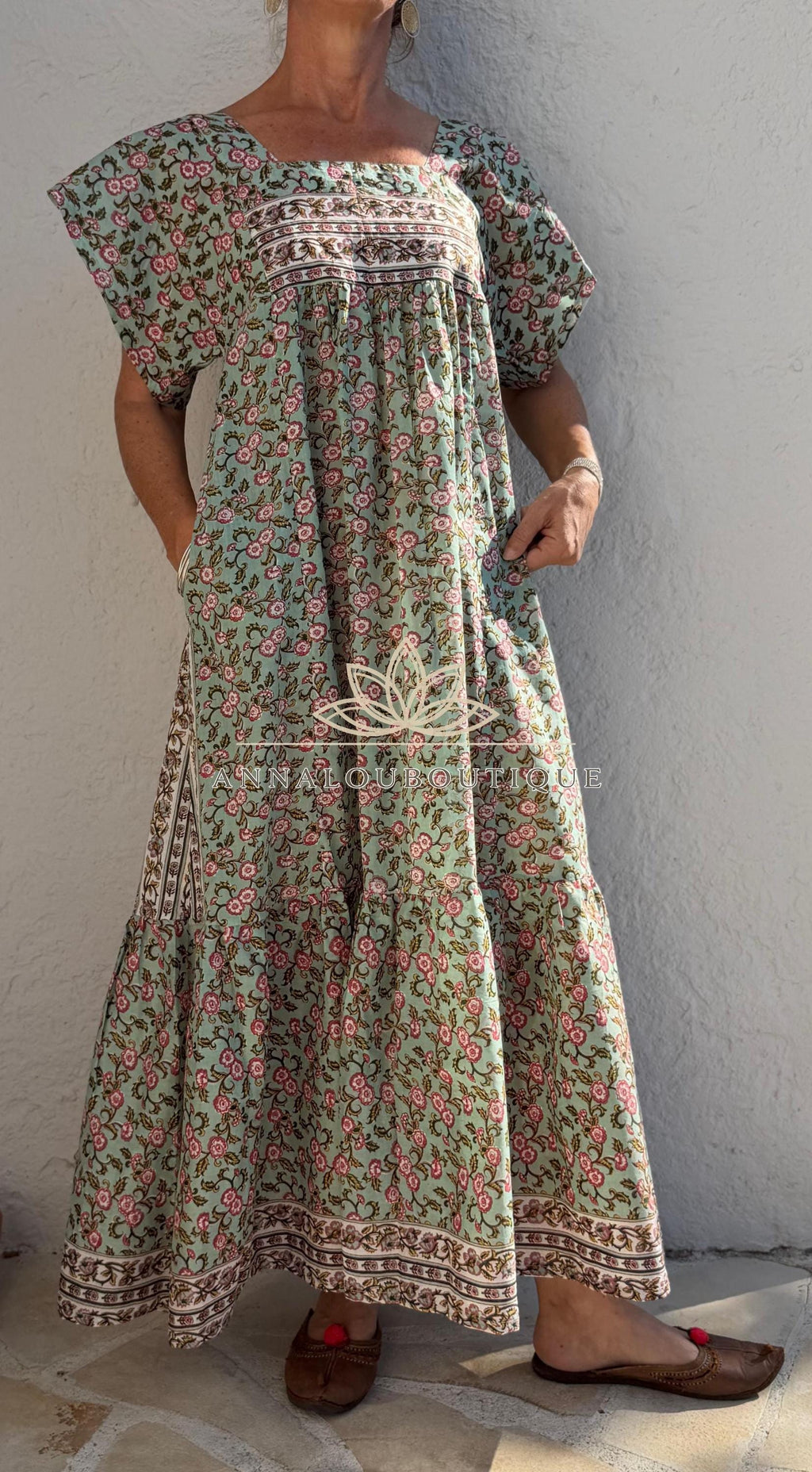 Flowy Soft Cotton Maxi Dress – Almond Green Floral Dress, Boho Chic Summer Outfit, Resort Wear for Women, Handmade Fashion, Limited Edition