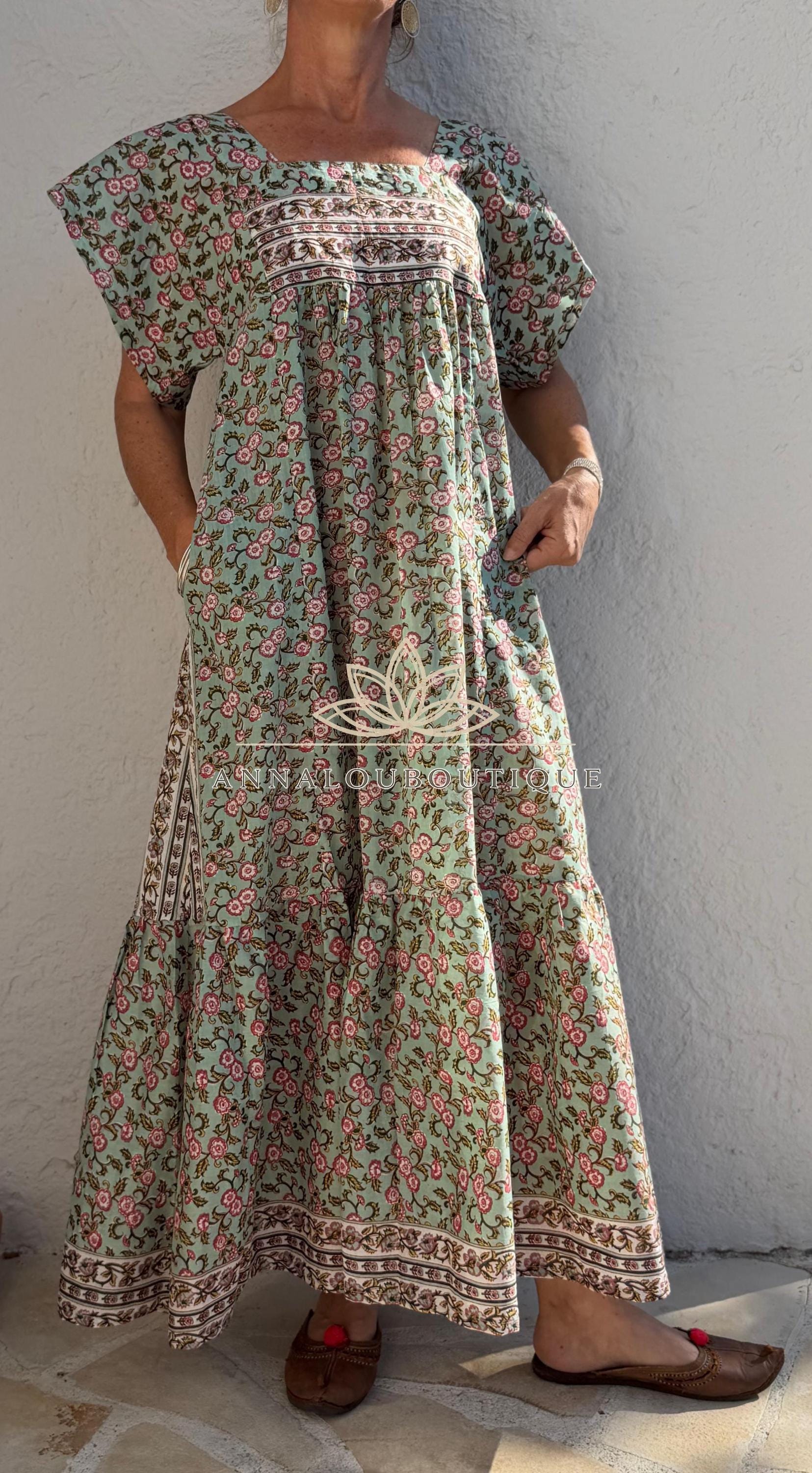 Flowy Soft Cotton Maxi Dress – Almond Green Floral Dress, Boho Chic Summer Outfit, Resort Wear for Women, Handmade Fashion, Limited Edition
