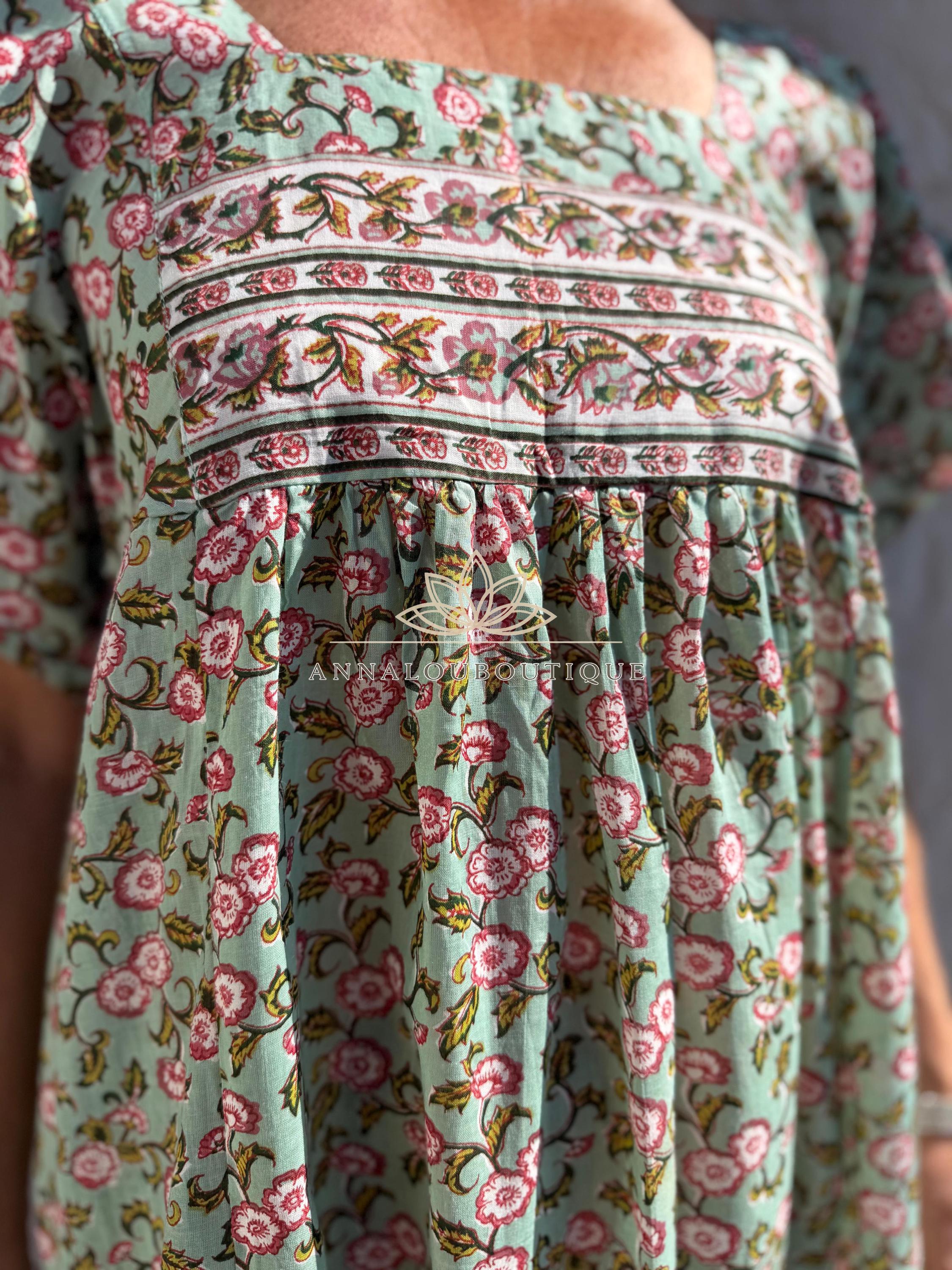 Flowy Soft Cotton Maxi Dress – Almond Green Floral Dress, Boho Chic Summer Outfit, Resort Wear for Women, Handmade Fashion, Limited Edition