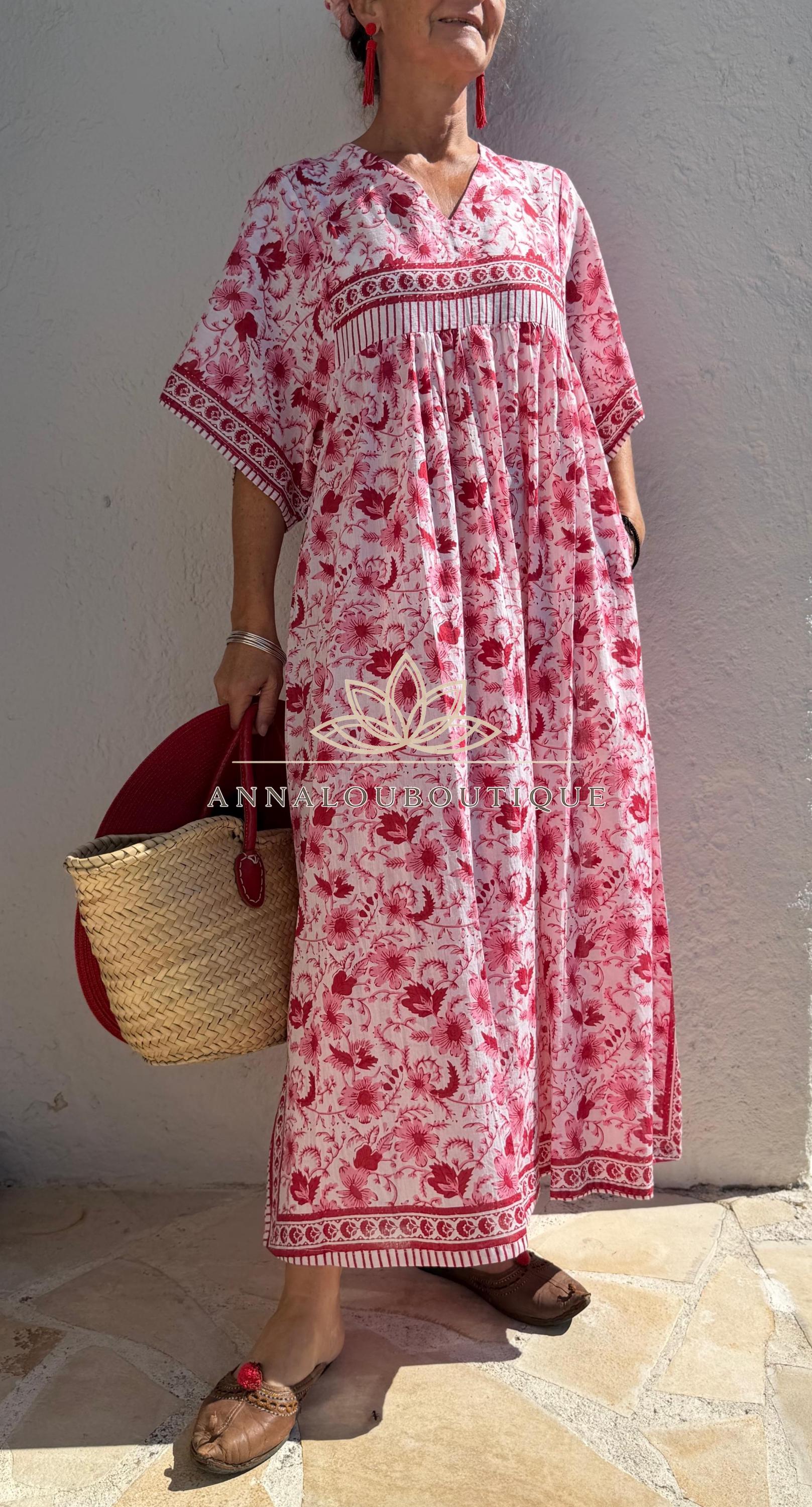 Red & Pink Floral Kaftan Dress – Oversized Soft Cotton Maxi Dress, Breathable Summer Wear, Bohemian Resort Outfit, Exclusive Design