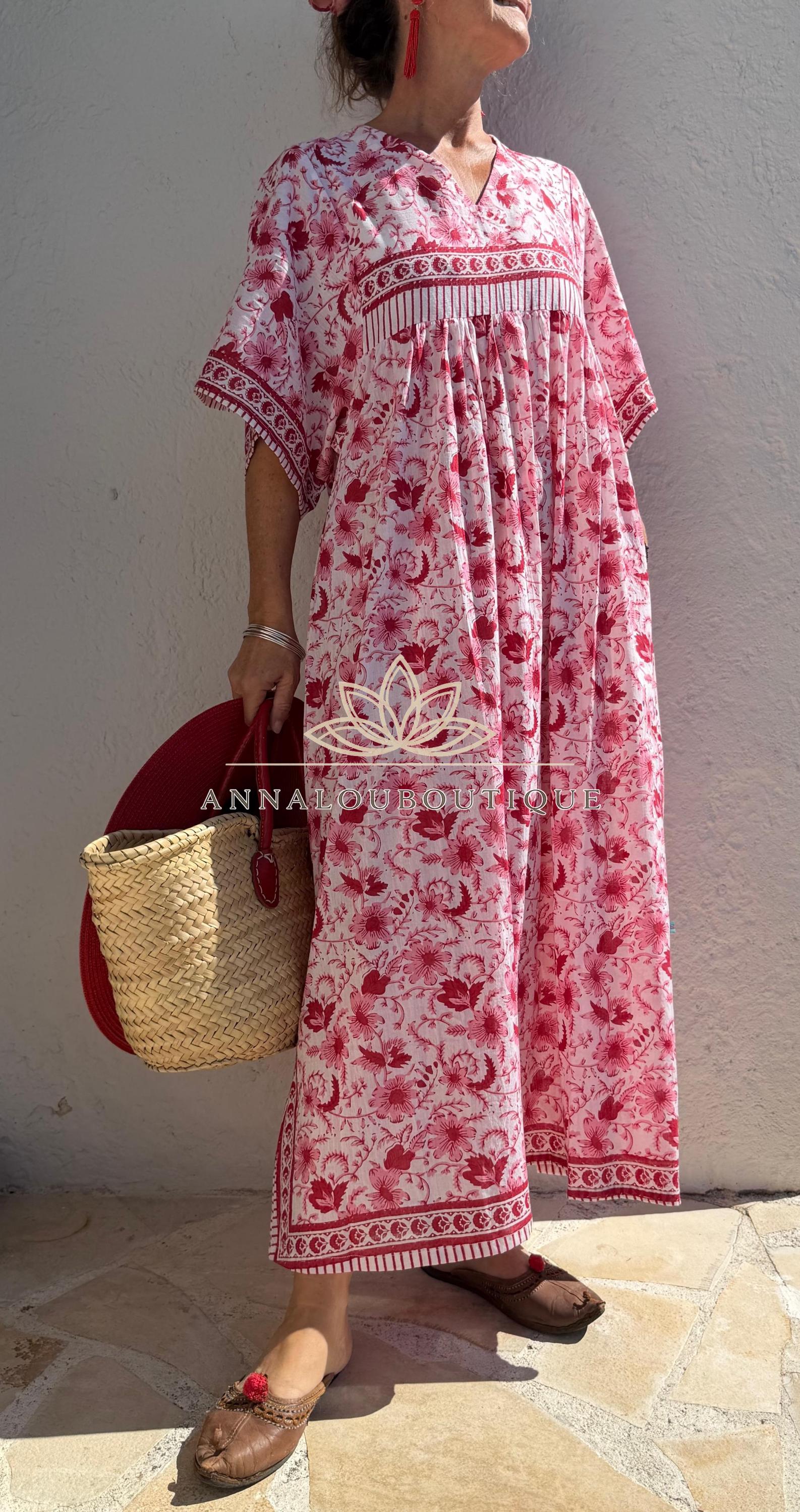 Red & Pink Floral Kaftan Dress – Oversized Soft Cotton Maxi Dress, Breathable Summer Wear, Bohemian Resort Outfit, Exclusive Design