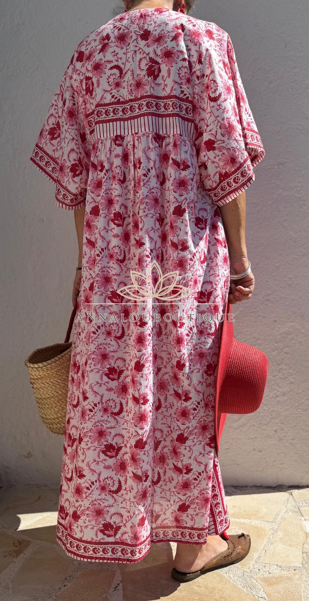 Red & Pink Floral Kaftan Dress – Oversized Soft Cotton Maxi Dress, Breathable Summer Wear, Bohemian Resort Outfit, Exclusive Design