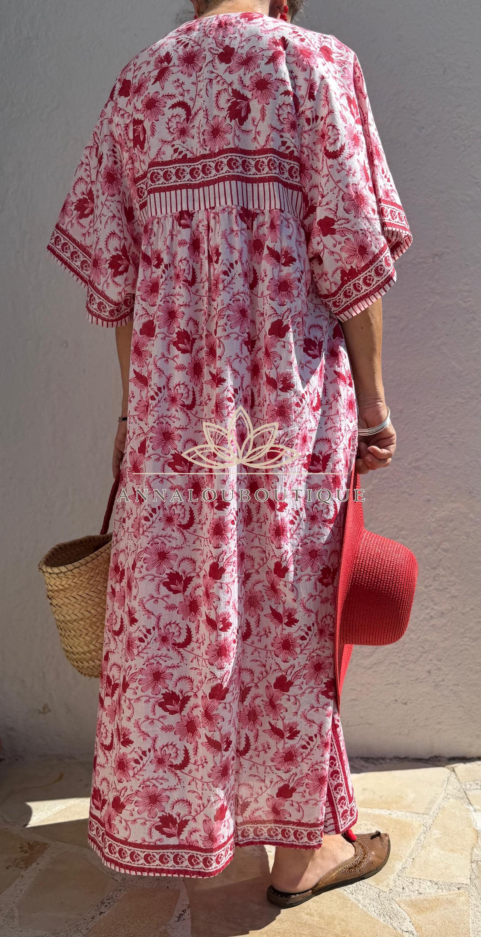 Red & Pink Floral Kaftan Dress – Oversized Soft Cotton Maxi Dress, Breathable Summer Wear, Bohemian Resort Outfit, Exclusive Design