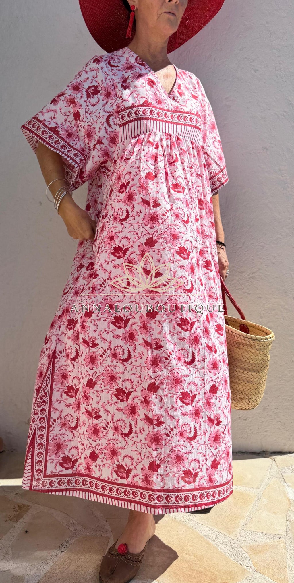 Red & Pink Floral Kaftan Dress – Oversized Soft Cotton Maxi Dress, Breathable Summer Wear, Bohemian Resort Outfit, Exclusive Design