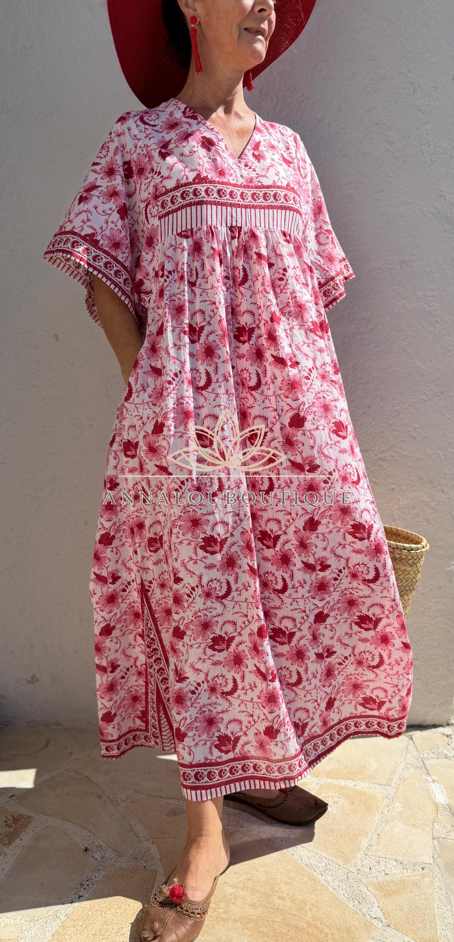 Red & Pink Floral Kaftan Dress – Oversized Soft Cotton Maxi Dress, Breathable Summer Wear, Bohemian Resort Outfit, Exclusive Design